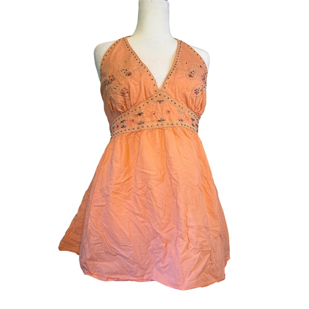 Y2K Womens Boho Embroidered Beaded Halter Peasant Top Orange 3X Festival Beach